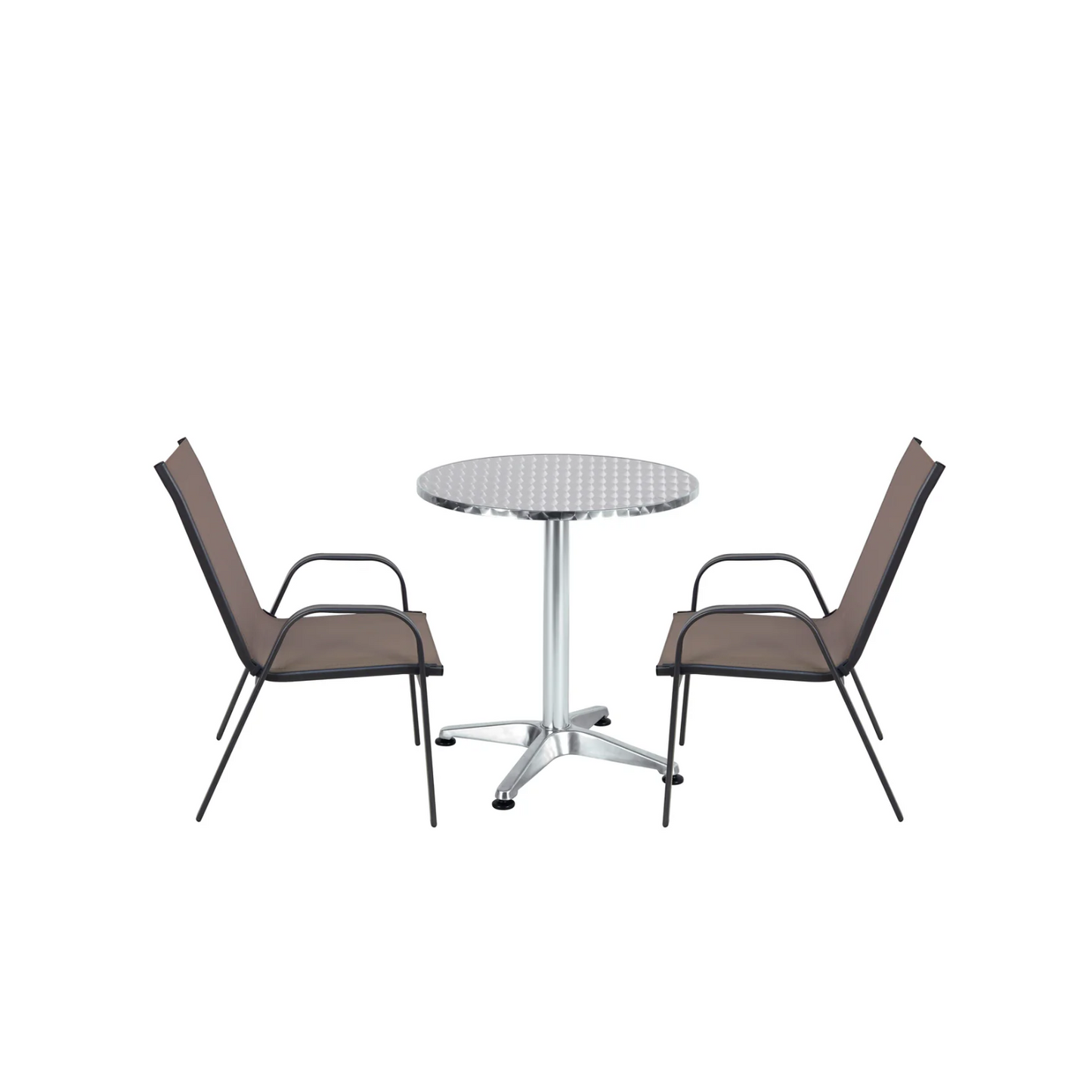 BTExpert Indoor Outdoor 23.75" Round Table Stainless Steel Silver Aluminum + 2 Brown Flexible Sling Stack Chairs