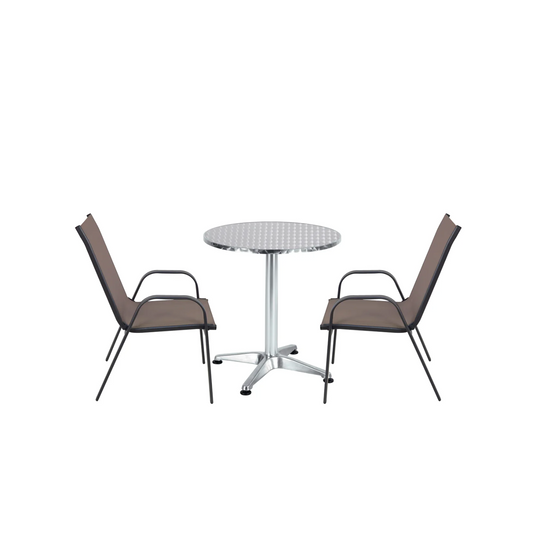 BTExpert Indoor Outdoor 23.75" Round Table Stainless Steel Silver Aluminum + 2 Brown Flexible Sling Stack Chairs