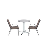 BTExpert Indoor Outdoor 23.75" Round Table Stainless Steel Silver Aluminum + 2 Brown Flexible Sling Stack Chairs