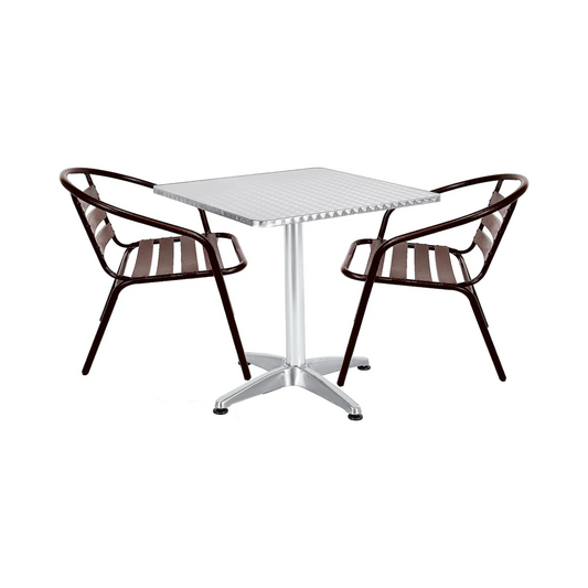 BTExpert Indoor Outdoor 27.5" Square Restaurant Table Stainless Steel Silver Aluminum + 2 Bronze Metal Slat Stack Chairs