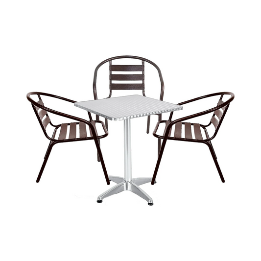 BTExpert Indoor Outdoor 27.5" Square Restaurant Table Stainless Steel Silver Aluminum + 3 Bronze Metal Slat Stack Chairs