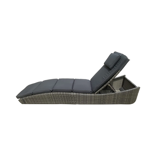 BTExpert Outdoor Foldable Chaise Lounge, Wicker Rattan Sun Bed, Adjustable Backrest & Pillow, Grey