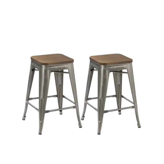 24" inch Metal Vintage Gunmetal Distressed Bar Stool Modern Wood top - Set of 2