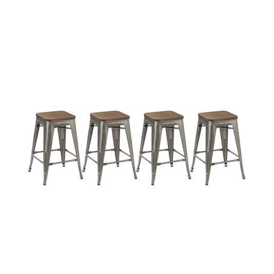 24" Metal Antique Brush Distressed Counter BarStool Wood seat - Set of 4