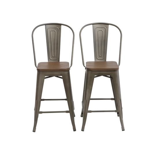 24" Metal Antique Rustic Counter height Bar Stool Chair High Back Wood seat - Set of 2