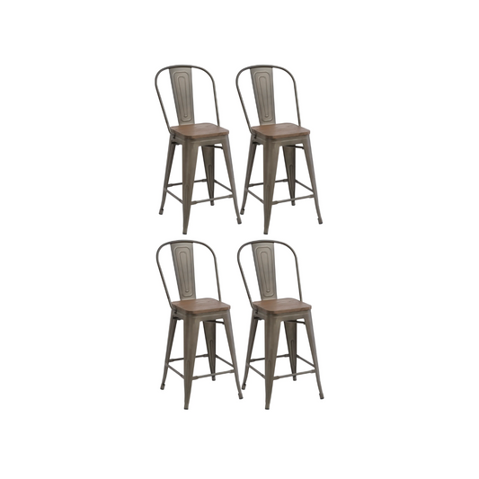 24" Metal Antique Rustic Counter height Bar Stool Chair High Back Wood seat - Set of 4