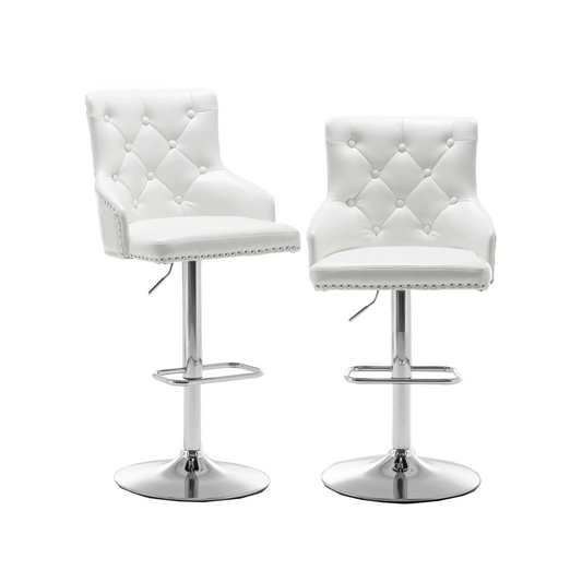 BTExpert Plush Velvet Adjustable Swivel Bar Stool, White PU Leather, Nailhead Trim - Set of 2
