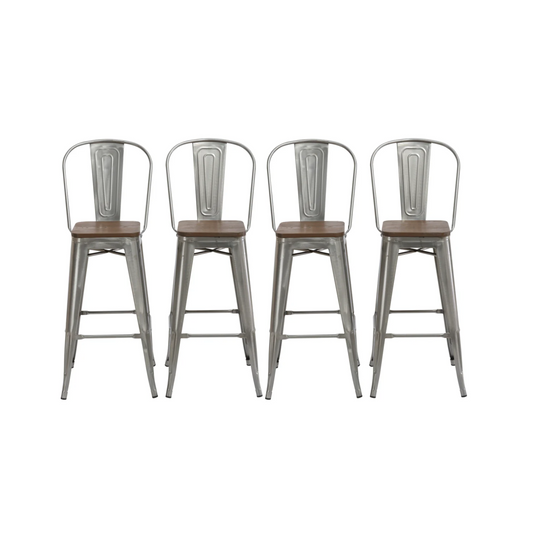 BTExpert 30" Clear Metal Antique Counter height Bar Stool Chair High Back Wood seat - Set of 4