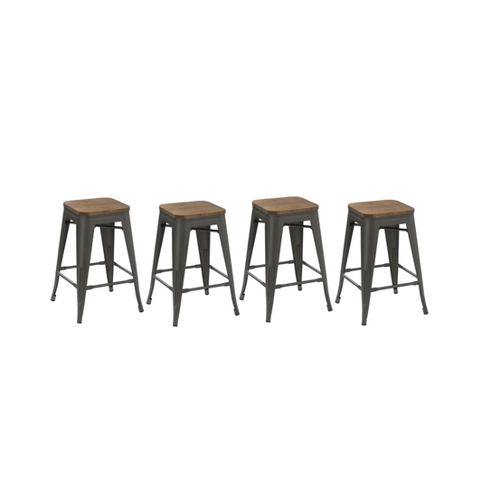 BTExpert 24" Metal Vintage Rustic Distressed BarStool Handmade Wood top - Set of 4