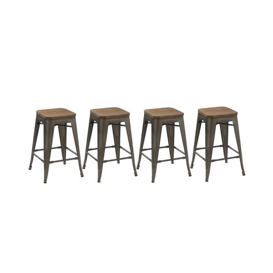BTExpert 24" Metal Vintage Antique Gunmetal Counter Bar Stool Handmade Wood top - Set of 4