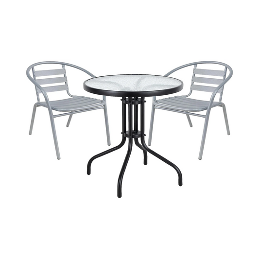 BTExpert 23.75" Round Glass Metal Table Black with 2 Silver Gray Slat Stack Chairs, Indoor Outdoor Lightweight