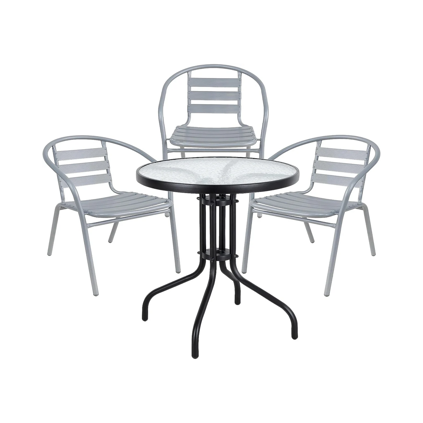 BTExpert 23.75" Round Glass Metal Table Black with 3 Silver Gray Slat Stack Chairs, Indoor Outdoor Lightweight Set