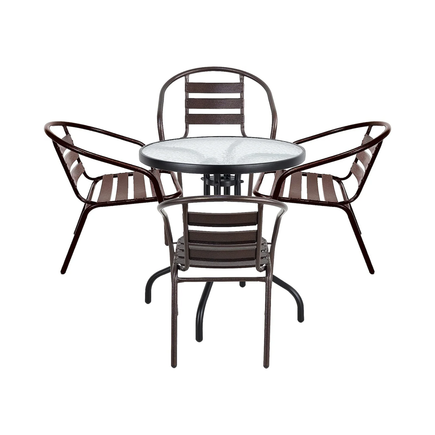 BTExpert 23.75" Round Glass Metal Table Black with 4 Bronze Slat Stack Chairs, Indoor Outdoor Commercial Lightweight