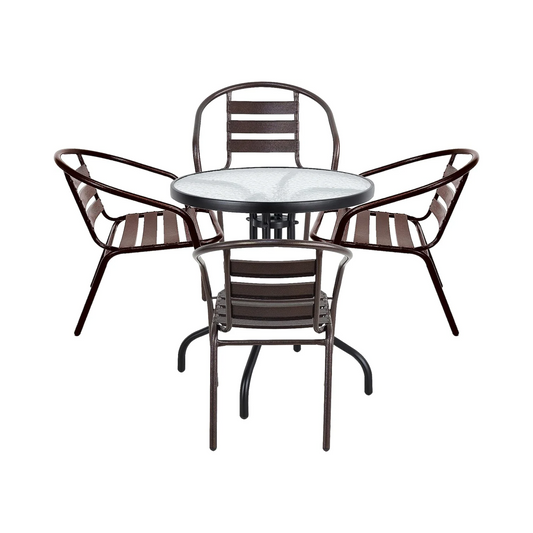BTExpert 23.75" Round Glass Metal Table Black with 4 Bronze Slat Stack Chairs, Indoor Outdoor Commercial Lightweight