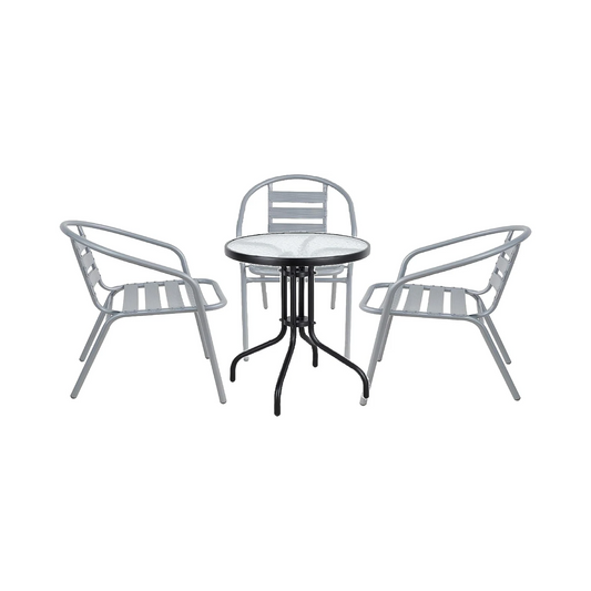 BTExpert 23.75" Round Glass Metal Table Black with 3 Silver Gray Slat Stack Chairs, Indoor Outdoor Lightweight Set