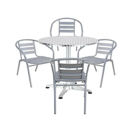 BTExpert 23.75" Round Stainless Steel Table + 4 Silver Gray Slat Chairs, Indoor Outdoor, Lightweight