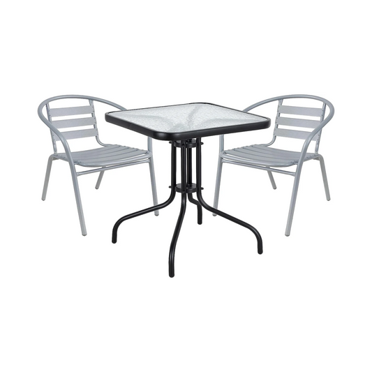 BTExpert 23.75" Square Glass Metal Table Black with 2 Silver Gray Slat Stack Chairs, Indoor Outdoor Lightweight