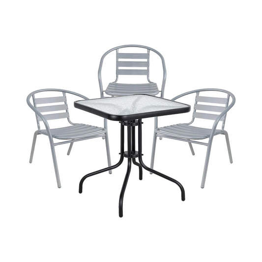 BTExpert 23.75" Square Glass Metal Table Black with 3 Silver Gray Slat Stack Chairs, Indoor Outdoor Lightweight