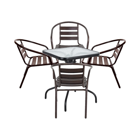 BTExpert 23.75" Square Glass Metal Table Black with 4 Bronze Slat Stack Chairs, Indoor Outdoor Commercial Lightweight
