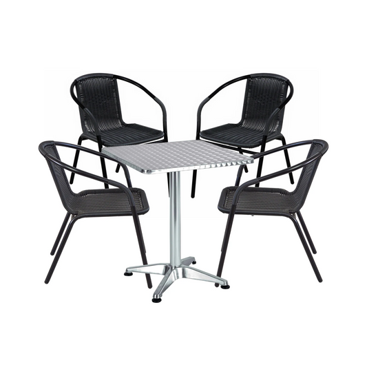 BTExpert 23.75" Square Indoor Outdoor Table, Silver Steel + 4 Black Rattan Stackable Chairs, Lightweight Commercial Set