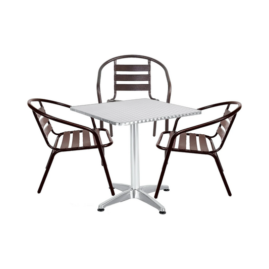 BTExpert 23.75" Square Stainless Table + 3 Bronze Slat Chairs, Indoor Outdoor Commercial Lightweight