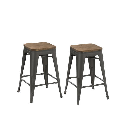 BTExpert 30" Industrial Metal Vintage Stackable Distressed Counter Bar Stool Wood top - Set of 2