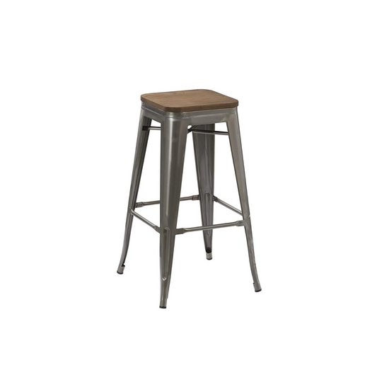 BTExpert 30" Industrial Stackable Metal Bar Stool, Rustic Clear Brush Finish, Wood Top Seat