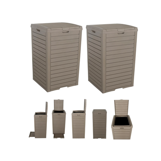 BTExpert 31-Gallon Outdoor Trash Can Waterproof Resin Bin with Double Lid & Drip Tray, Hidden Design for Patio - Set of 2