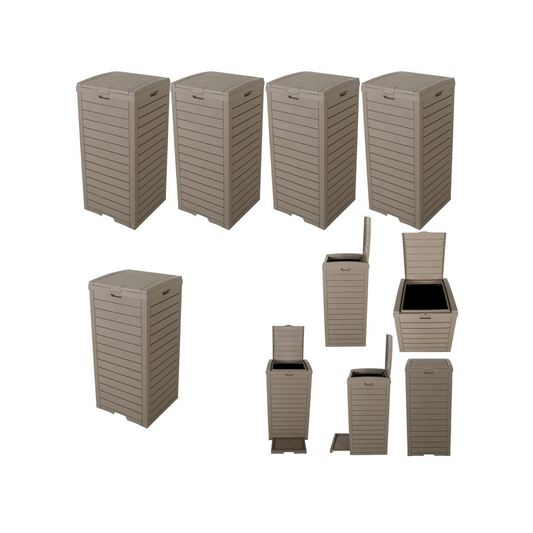 BTExpert 31-Gallon Waterproof Outdoor Trash Can – Resin Bin w/ Double Lid, Drip Tray, Hidden Design for Patio - Set of 5