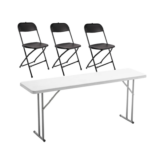 BTExpert 4-Piece Folding Seminar Table Portable & Chair Set, 6' x 18" x 29" Training Table & 3 Black Adult Chairs