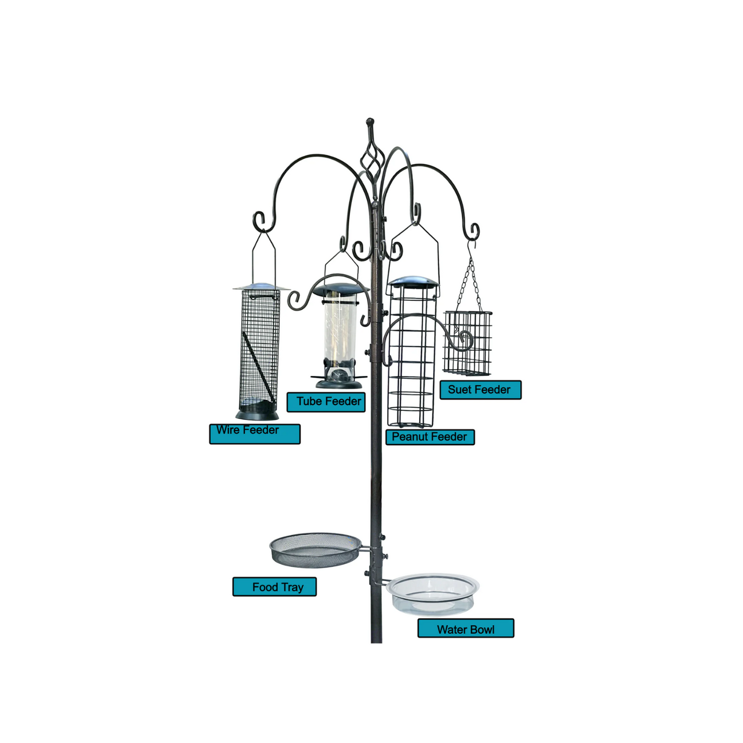 BTExpert 6-Hook Bird Feeding Station Kit, 4 Multi Feeder Poles with Suet, Wire, Peanut Tubes, 22" x 96", 5-Prong Steel Stand
