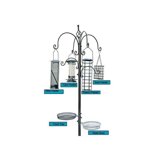 BTExpert 6-Hook Bird Feeding Station Kit, 4 Multi Feeder Poles with Suet, Wire, Peanut Tubes, 22" x 96", 5-Prong Steel Stand