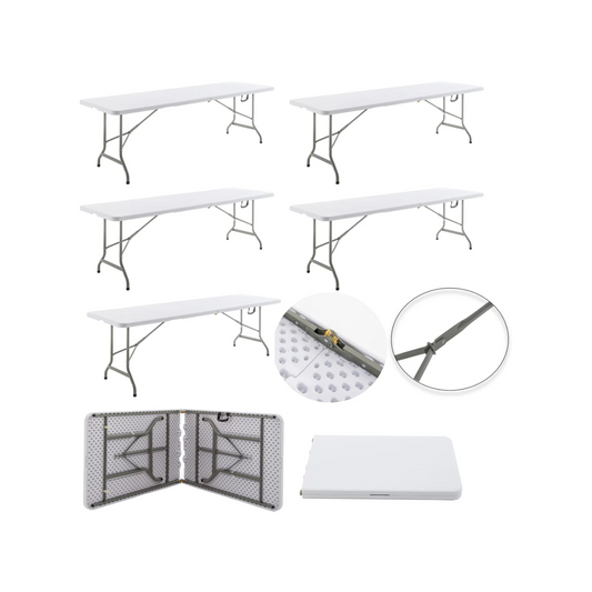 BTExpert 8-Foot - 96" long White Plastic Folding Table Portable 30" Wide , 29" High, Indoor Outdoor Events Banquet Dining Party Patio Set of 5