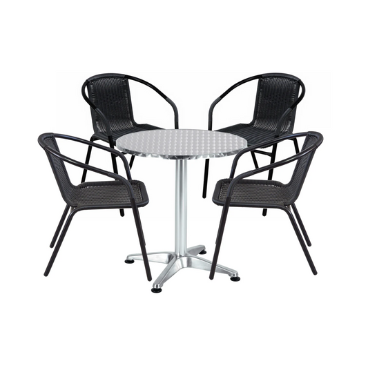 BTExpert 23.75" Round Table Stainless Steel Silver Aluminum + 4 Black Restaurant Rattan Stack Chairs