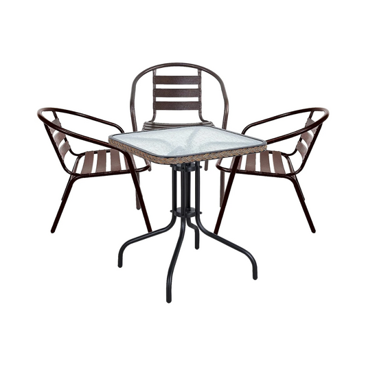BTExpert Indoor Outdoor 28" Square Tempered Glass Metal Table Brown Rattan Trim + 3 Bronze Restaurant Metal