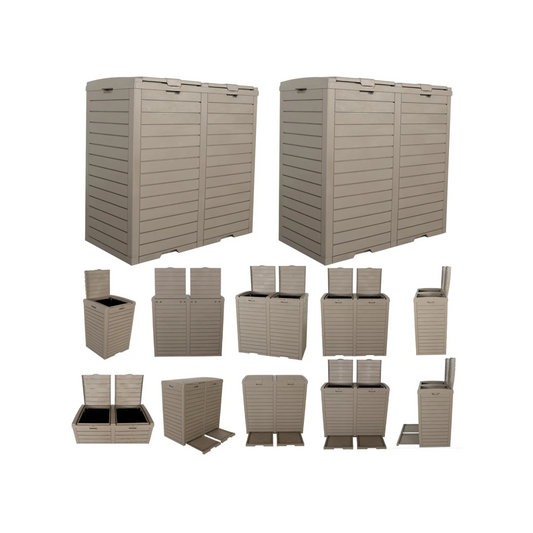 BTExpert 62 Gallon Outdoor Trash Can, Waterproof Resin Double Lid Drip Tray, Waste, Kitchen, Pool Gray - Set of 2