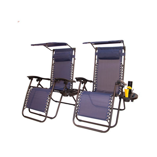 Zero Gravity Chair Lounge Outdoor Pool Beach Yard Garden Sunshade Utility Tray Cup Holder, Piece, Blue with Canopy - Set of 2 pcs