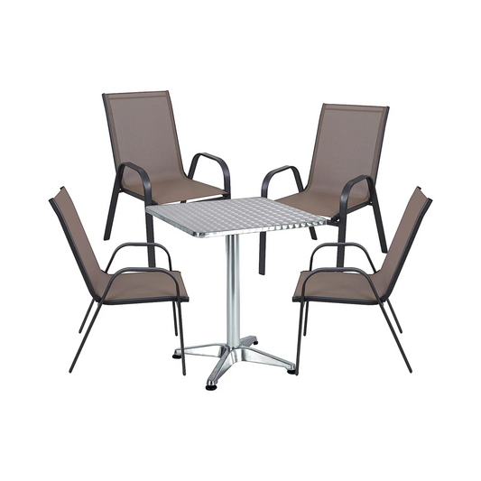 BTExpert Indoor Outdoor Square Table Stainless Steel + 4 Brown Flexible Sling Stack Chairs