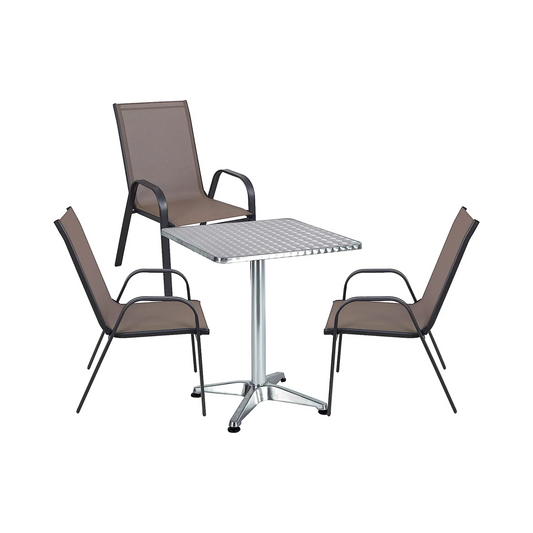 BTExpert Indoor Outdoor 27.5" Square Restaurant Table Stainless Steel Silver Aluminum + 3 Brown Flexible Chairs
