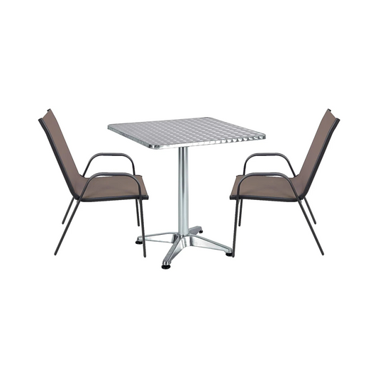 BTExpert Indoor Outdoor 27.5" Square Restaurant Table Stainless Steel Silver Aluminum + 2 Brown Flexible Chairs
