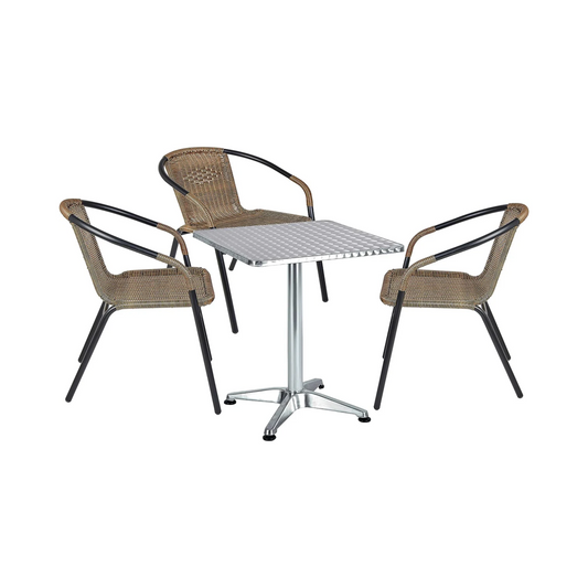 BTExpert 27.5" Square Table Stainless Steel Silver Aluminum + 3 Brown Stack Lightweight Chairs