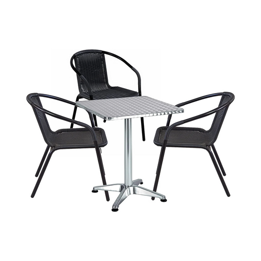 BTExpert 27.5" Square Table Stainless Steel Silver Aluminum + 3 Black Restaurant Rattan Chairs