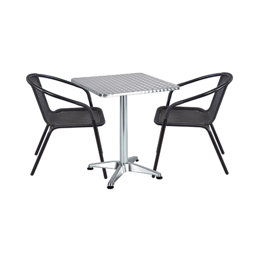 BTExpert 27.5" Square Restaurant Table Stainless Steel Silver Aluminum + 2 Black Restaurant Chairs