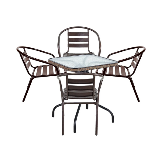 BTExpert Indoor Outdoor 28" Square Glass Metal Table Brown Rattan Trim + 4 Bronze Metal Aluminum Slat commercial Chairs