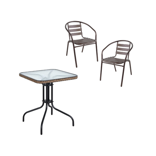 BTExpert 28" Square Tempered Glass Metal Table Brown + 2 Bronze Restaurant Metal Aluminum Slat Stack Chairs Lightweight