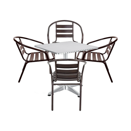 BTExpert 27.5" Square Restaurant Table Stainless Steel Silver Aluminum + 4 Bronze Metal Aluminum Slat Stack Chairs