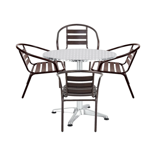 BTExpert Indoor Outdoor 23.75" Round Restaurant Table Stainless Steel Silver Aluminum + 4 Bronze Metal Slat Stack Chairs