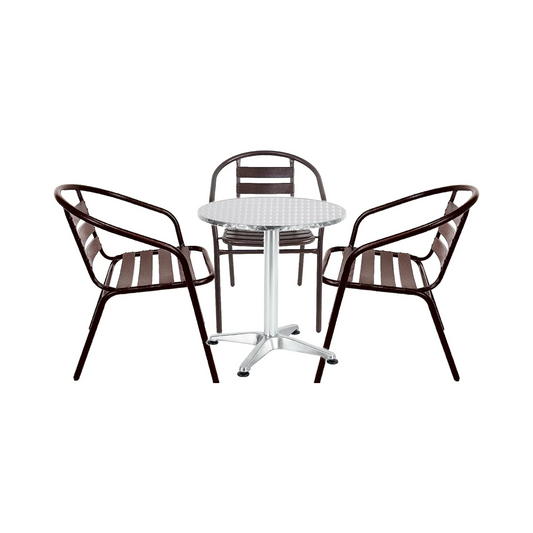 BTExpert Indoor Outdoor 23.75" Round Restaurant Table Stainless Steel Silver Aluminum + 3 Bronze Metal Slat Stack Chairs