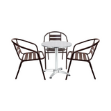 BTExpert Indoor Outdoor 23.75" Round Restaurant Table Stainless Steel Silver Aluminum + 3 Bronze Metal Slat Stack Chairs