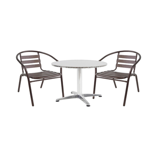 BTExpert Indoor Outdoor 23.75" Round Restaurant Table Stainless Steel Silver Aluminum + 2 Bronze Metal Slat Stack Chairs